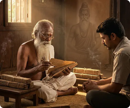 Nadi astrologer consulting palm leaf records with client