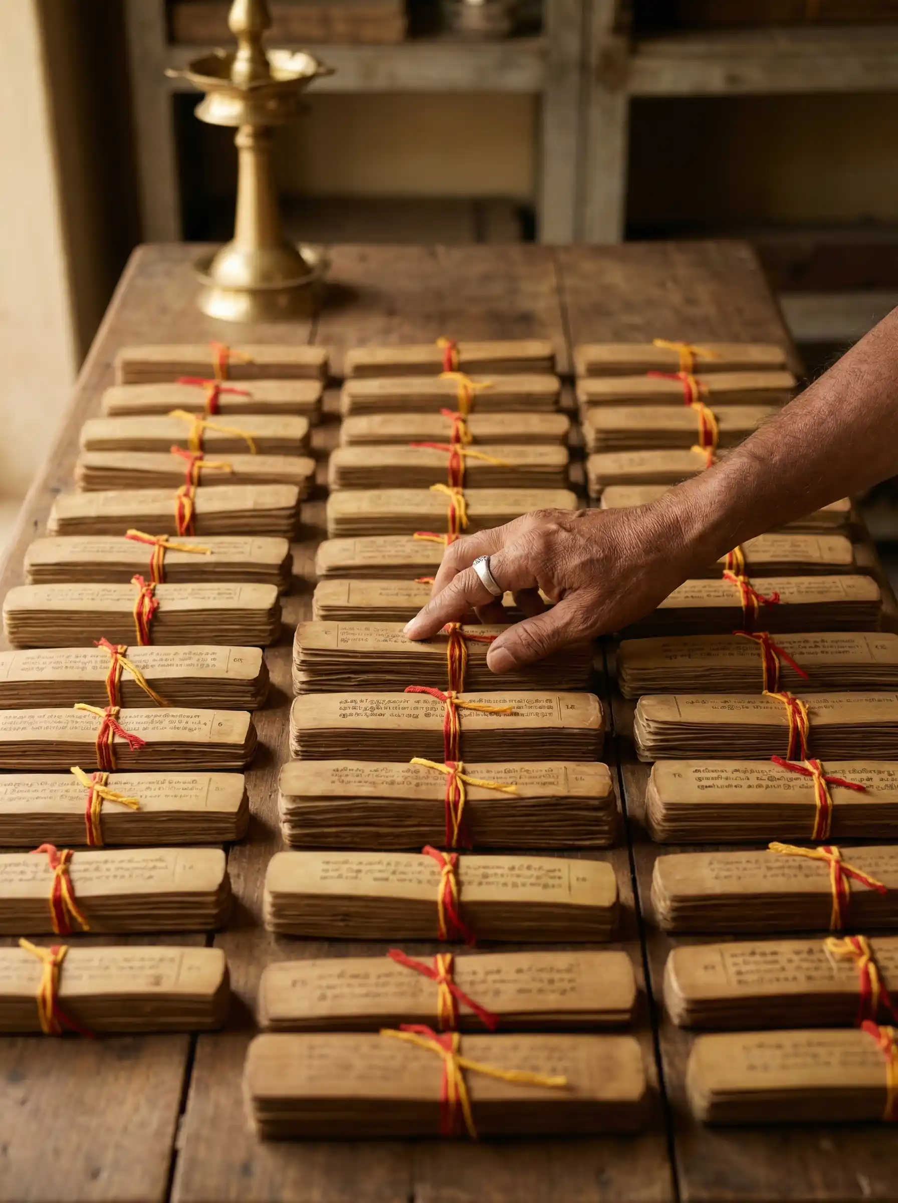 Collection of Nadi palm leaf bundles arranged for search