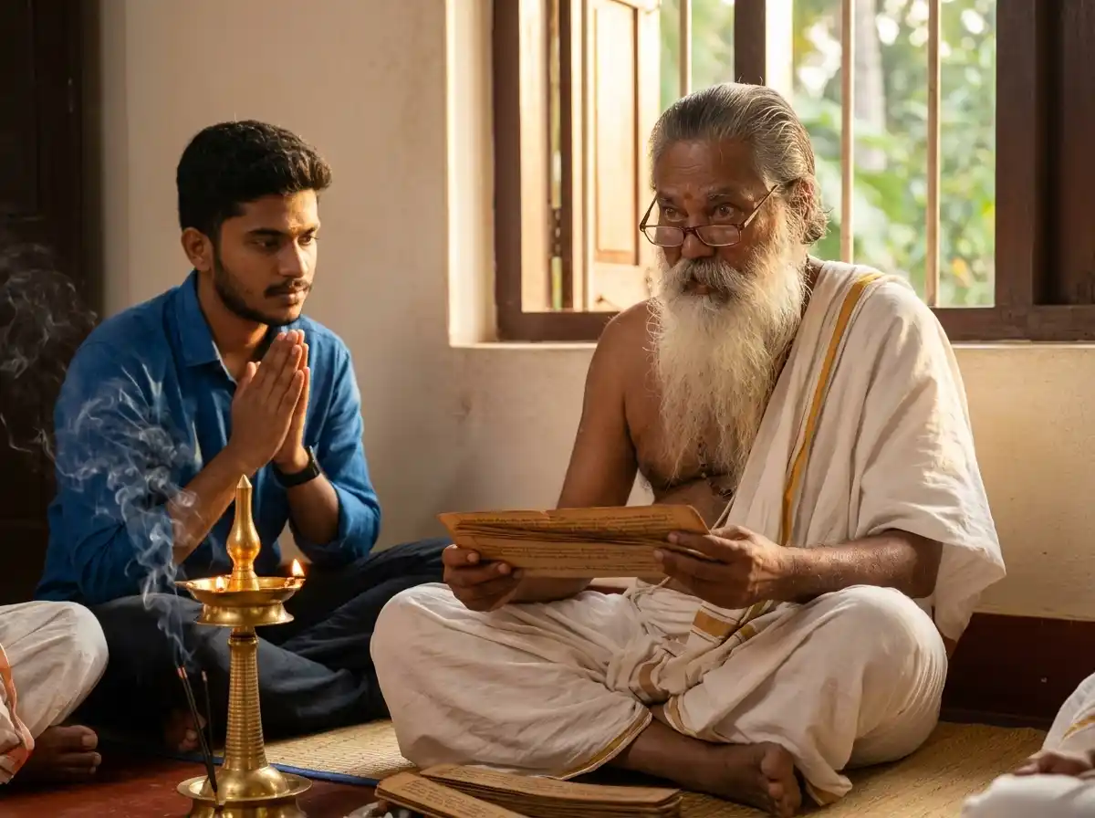 Nadi reader providing life guidance through palm leaf records
