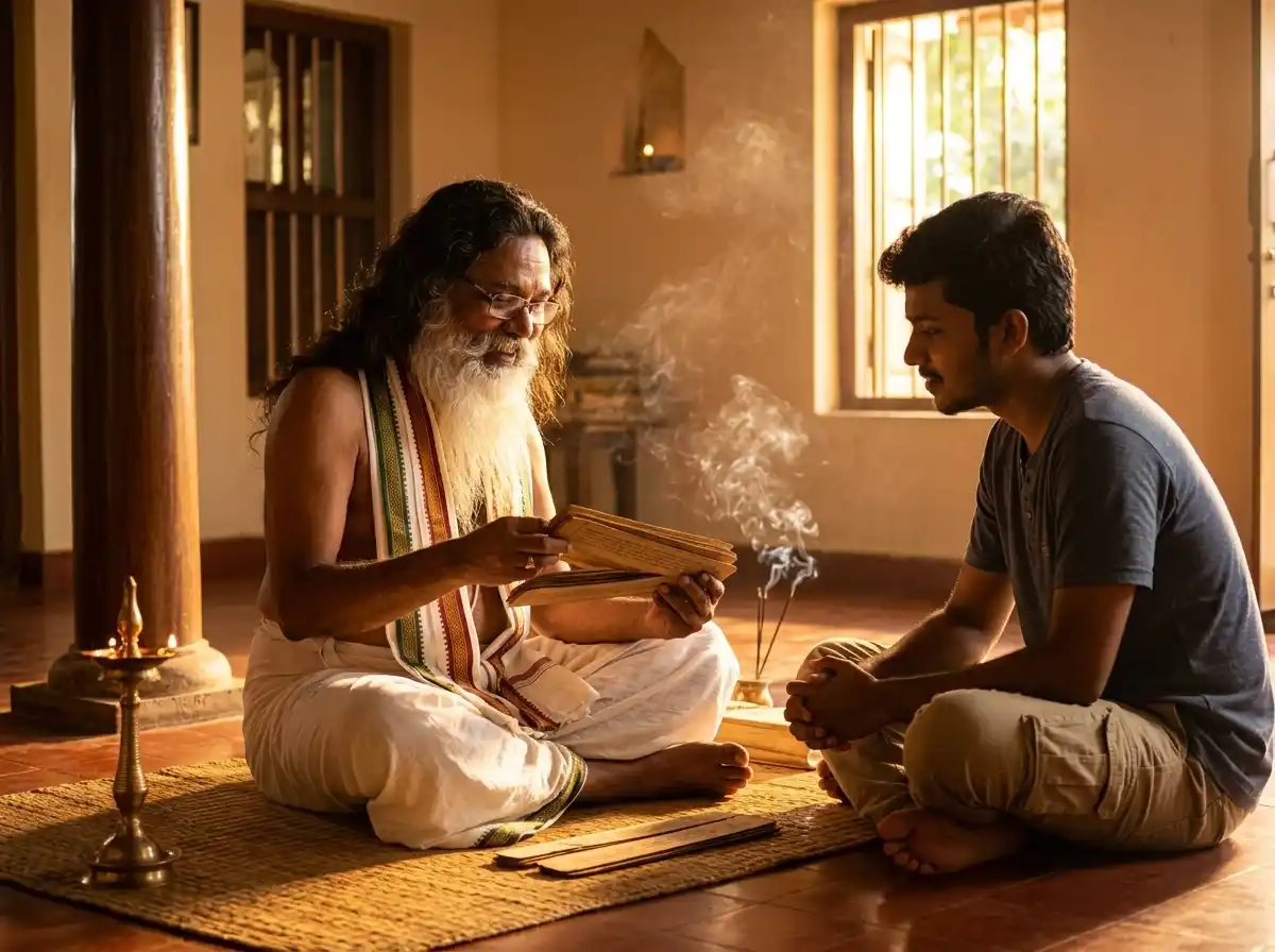 Nadi astrologer consulting a devotee using ancient palm leaves
