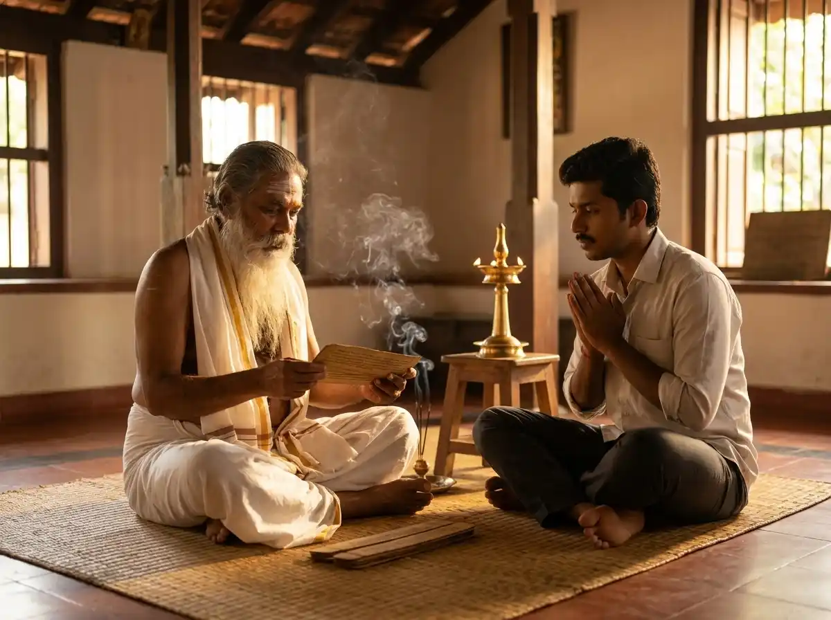 Traditional Nadi Astrology reading session with palm leaf manuscripts